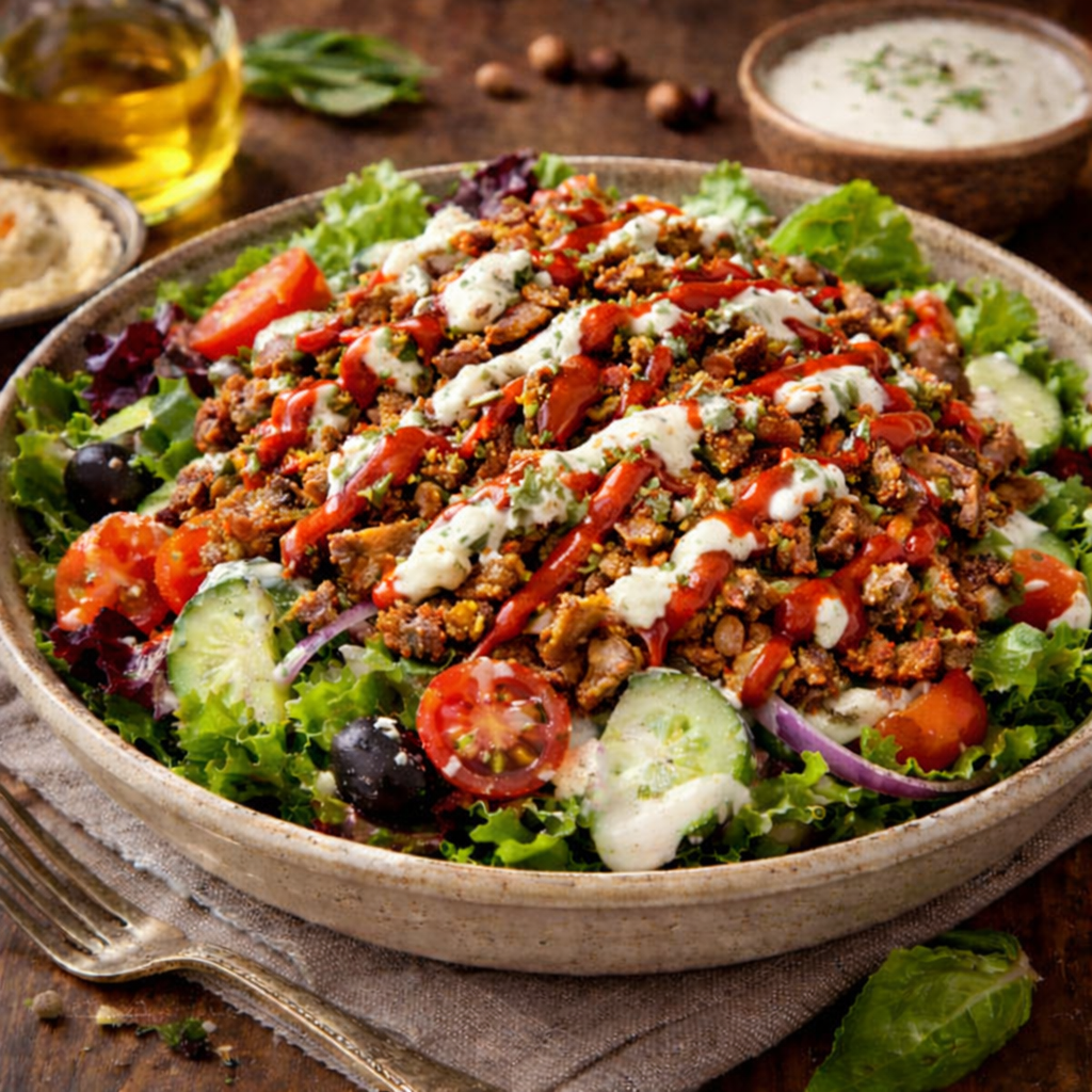 Ensalada casera con proteína carne